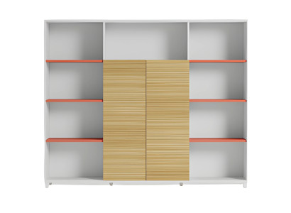 Elegant skrivbordslampa med hyllor i trä och orange accenter