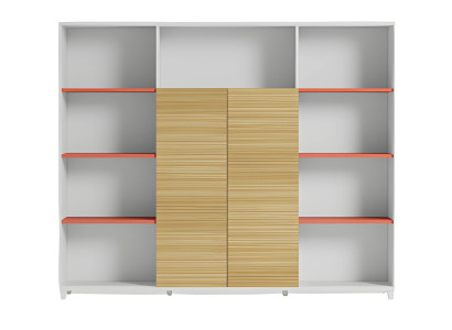 Elegant skrivbordslampa med hyllor i trä och orange accenter