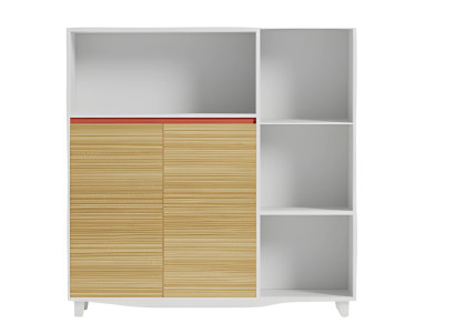 Elegant skrivbordsskåp med hyllor i trä och röda accenter