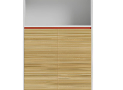 Modern skrivbord med hyllor i trä och röda accenter i en elegant design