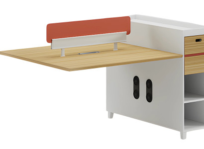 Modern skrivbord med ryggstöd, förvaringsutrymme och hyllor