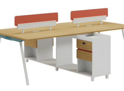 Modern skrivbord med ryggstöd, förvaringsutrymme och hyllor