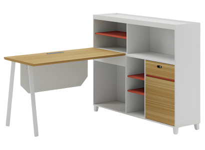 Modern vit hörnbord med förvaring och orange hyllor