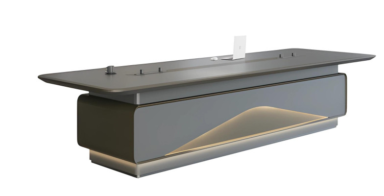 Lyxigt grått konferensbord med LED-belysning och kabelhantering