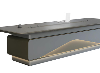 Lyxigt grått konferensbord med LED-belysning och kabelhantering