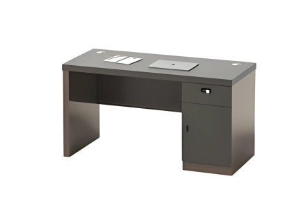 Modern svart skrivbord med förvaringsutrymme, lås och kabelkanaler