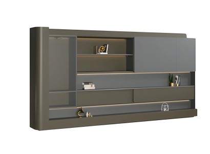 Modern svart skrivbordsskåp med grå LED-belysning och förvaringsutrymme