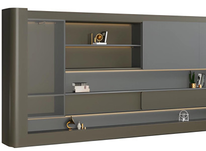 Modern svart skrivbordsskåp med grå LED-belysning och förvaringsutrymme