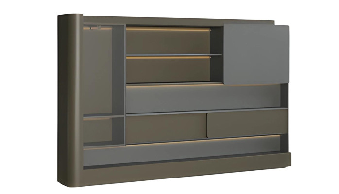 Modern svart skrivbord med grå LED-belysning och förvaringsutrymme