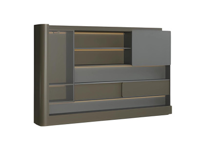 Modern svart skrivbord med grå LED-belysning och förvaringsutrymme