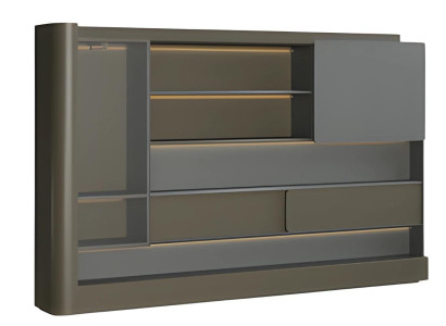 Modern svart skrivbord med grå LED-belysning och förvaringsutrymme