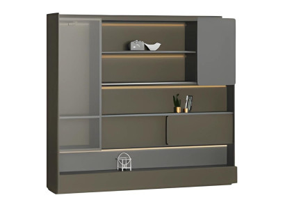 Modern svart skrivbord med grå LED-belysning och förvaringsutrymme