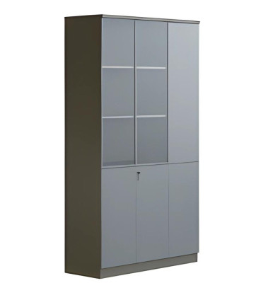 Modern grå skrivbordsskåp med glasdörrar, med lås, stort förvaringsutrymme