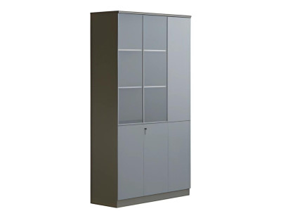 Modern grå skrivbordsskåp med glasdörrar, med lås, stort förvaringsutrymme