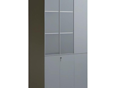 Modern grå skrivbordsskåp med glasdörrar, med lås, stort förvaringsutrymme