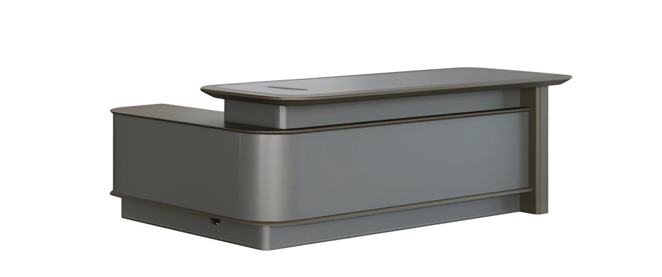 Modern grå skrivbord med förvaring och kabelhantering