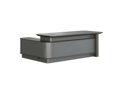 Modern grå skrivbord med förvaring och kabelhantering