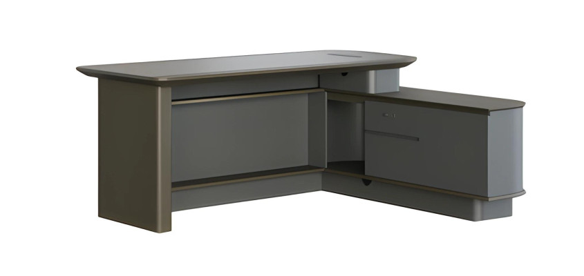 Modern grå hörnbord med förvaring och eleganta kabelgenomgångar