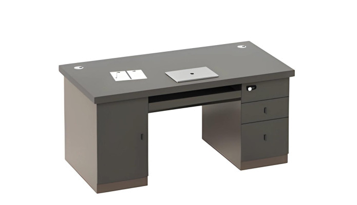 Grå skrivbord med förvaringsutrymme och lådor, kabelkanaler, lås