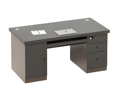 Grå skrivbord med förvaringsutrymme och lådor, kabelkanaler, lås