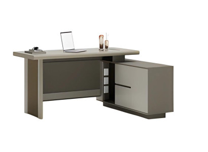 Grå och beige skrivbord med lådor och förvaringsutrymme