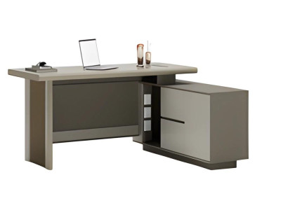 Grå och beige skrivbord med lådor och förvaringsutrymme