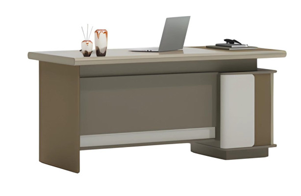 Brun och grå skrivbord med lådor och förvaringsutrymme