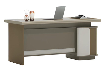 Brun och grå skrivbord med lådor och förvaringsutrymme