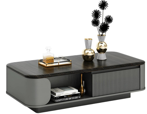 Modern soffbord med elegant design och svart skiva, plus öppna hyllor