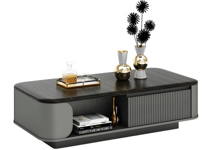 Modern soffbord med elegant design och svart skiva, plus öppna hyllor