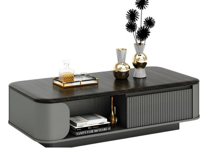 Modern soffbord med elegant design och svart skiva, plus öppna hyllor