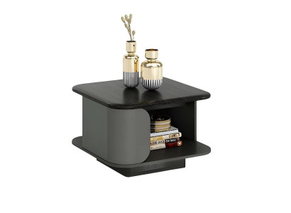 Modern kaffebord med kompakta mått och en ljus topp, svart yta