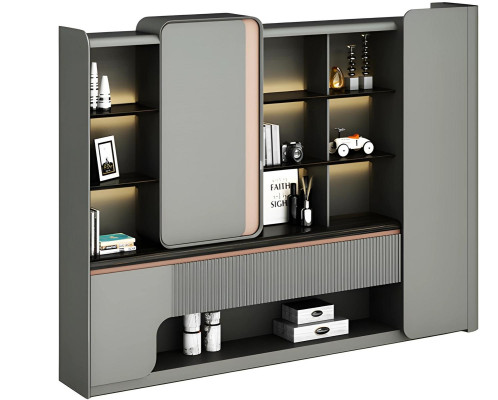 Modern avokadobord med öppna hyllor och enkel och elegant belysning i grått