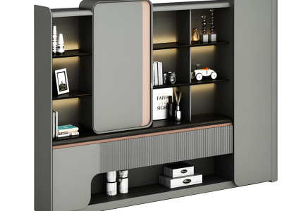 Modern avokadobord med öppna hyllor och enkel och elegant belysning i grått