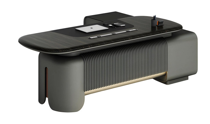 Modern skrivbord med elegant design och svart yta, belysning