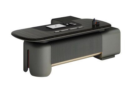 Modern skrivbord med elegant design och svart yta, belysning