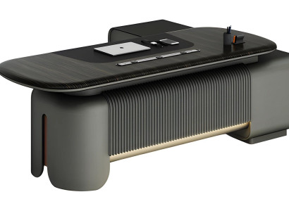 Modern skrivbord med elegant design och svart yta, belysning