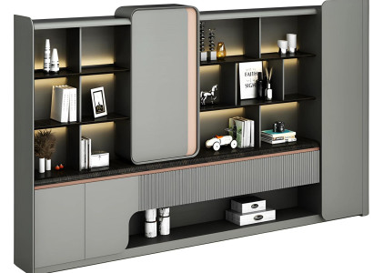 Modern skrivbord i björk med öppna hyllor, LED-belysning, enkel elegans, grå design