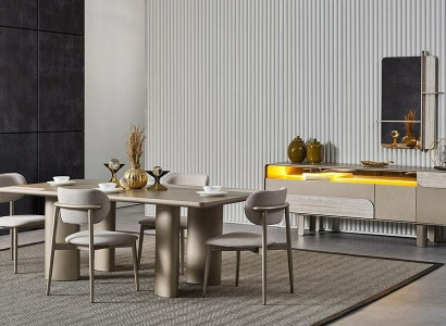 Elegant set av beige matbord med stolar och konsol