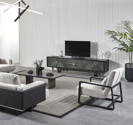 Modern brun tygsoffa och fåtölj