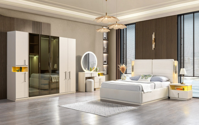 Set av modern sovrumsmöbler säng garderob nattduksbord