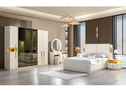 Set av modern sovrumsmöbler säng garderob nattduksbord