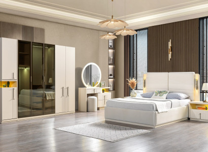 Set av modern sovrumsmöbler säng garderob nattduksbord