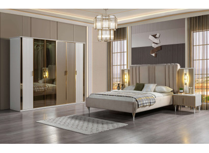 Sängmöbelset med säng, 2 nattduksbord och modern garderob, 4 delar