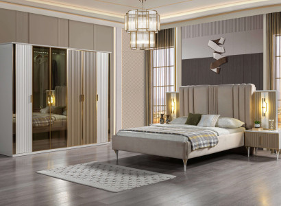 Sängmöbelset med säng, 2 nattduksbord och modern garderob, 4 delar