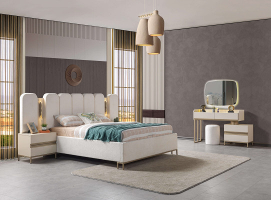 Ideell sovrumsinredningsset, inklusive byrå, spegel, säng och nattduksbord