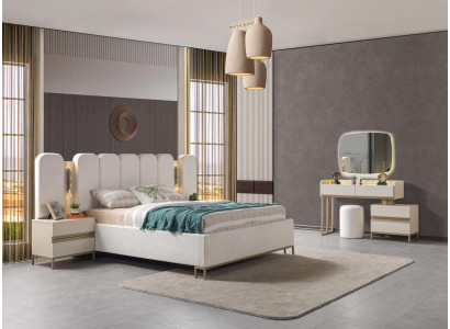 Ideell sovrumsinredningsset, inklusive byrå, spegel, säng och nattduksbord