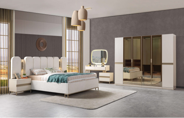 Set av möbler för modernt sovrum Koko 6 delar med säng, garderob och nattduksbord