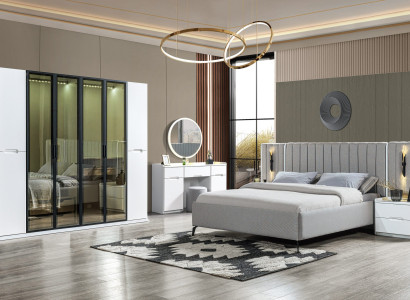 Sängmöbelset i fyra delar säng, garderob, nattduksbord, trä 6 delar