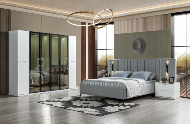 Sängmöbelset i fyra delar säng, garderob, nattduksbord i trä